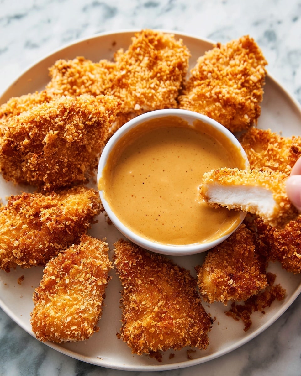 The image shows many pieces of crispy, golden brown breaded nuggets with a rough, crunchy texture. They are spread out on a metal cooling rack, which sits on a white marbled surface. To the right side, there is a small white round bowl filled with smooth, light brown dipping sauce. One nugget is held by a woman's hand near the bottom right, showing the inside with a few layers of white meat. The lighting highlights the crunchy texture and warm colors of the nuggets, making them look fresh and tasty. Photo taken with an iphone --ar 4:5 --v 7