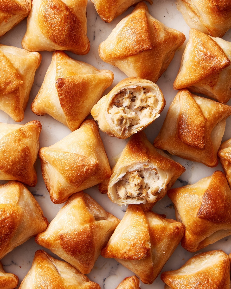 A large white rectangular plate is filled with many small, square-shaped pastries, each with a golden-brown crust that looks flaky and slightly crisp. The pastries have four corners folded over to the center, forming a small opening on top, revealing a soft, light-colored filling inside that appears creamy with small bits of darker ingredients. The pastries overlap and pile slightly on each other, showing different shades of browned crust. Next to the plate, there is a white bowl containing a smooth, light tan sauce. The plate and bowl are placed on a white marbled surface. Photo taken with an iphone --ar 4:5 --v 7