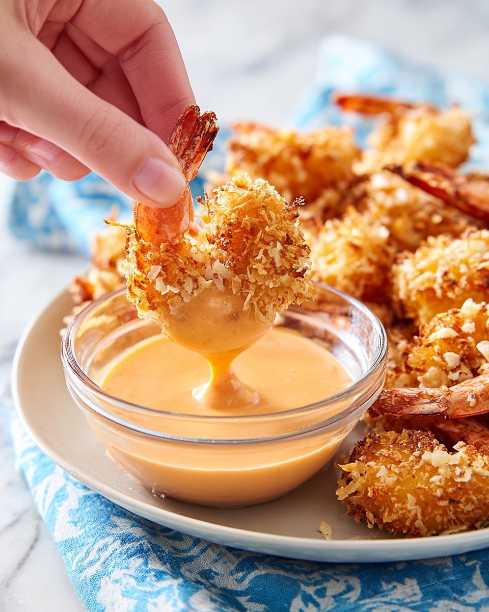 A close-up image shows a woman's hand holding a crispy, golden brown shrimp that is dipped into a creamy, light orange sauce inside a clear glass bowl. The shrimp has a rough, textured coating with some slightly darker brown edges. Behind the bowl, there is a white plate filled with more pieces of the same crispy shrimp. The background features a soft, blurry blue and white patterned cloth resting on a white marbled surface. Photo taken with an iphone --ar 4:5 --v 7