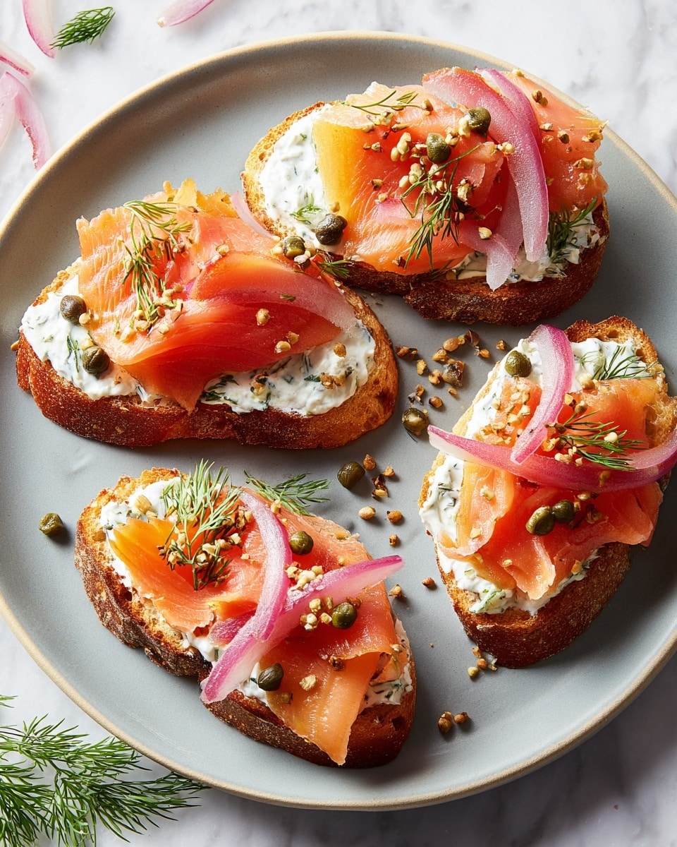 The image shows many small toasted bread slices arranged closely on a black slate surface with a white marbled texture. Each slice has three layers: the first layer is a creamy white spread with visible green herb bits, the second layer is thin, folded slices of bright orange smoked salmon placed on top, and the final layer consists of small dark green capers, thin pink onion strips, tiny mustard seeds, and small sprigs of green dill scattered evenly. A woman's hand is picking up one toast from the top right area. The overall look is fresh with a mix of soft, smooth, and slightly crunchy textures, bright and earthy colors from the ingredients. Photo taken with an iphone --ar 4:5 --v 7