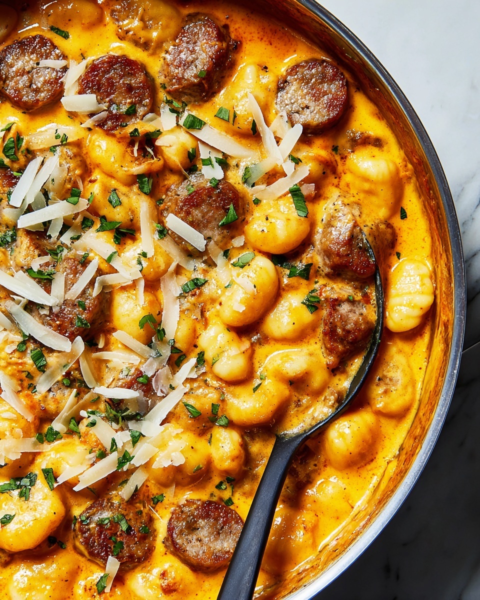 A close-up view of a pan filled with three main layers: the bottom layer is soft gnocchi in a smooth, bright orange cheese sauce covering most of the pan. The middle layer has round, browned sausage slices scattered evenly over the gnocchi, adding a rougher, textured look. The top layer is a sprinkle of green chopped herbs and thin white cheese shreds, adding fresh color and contrast. A black spoon is partially submerged on the right side, lifting some gnocchi and sausage. The pan sits on a white marbled surface. Photo taken with an iphone --ar 4:5 --v 7