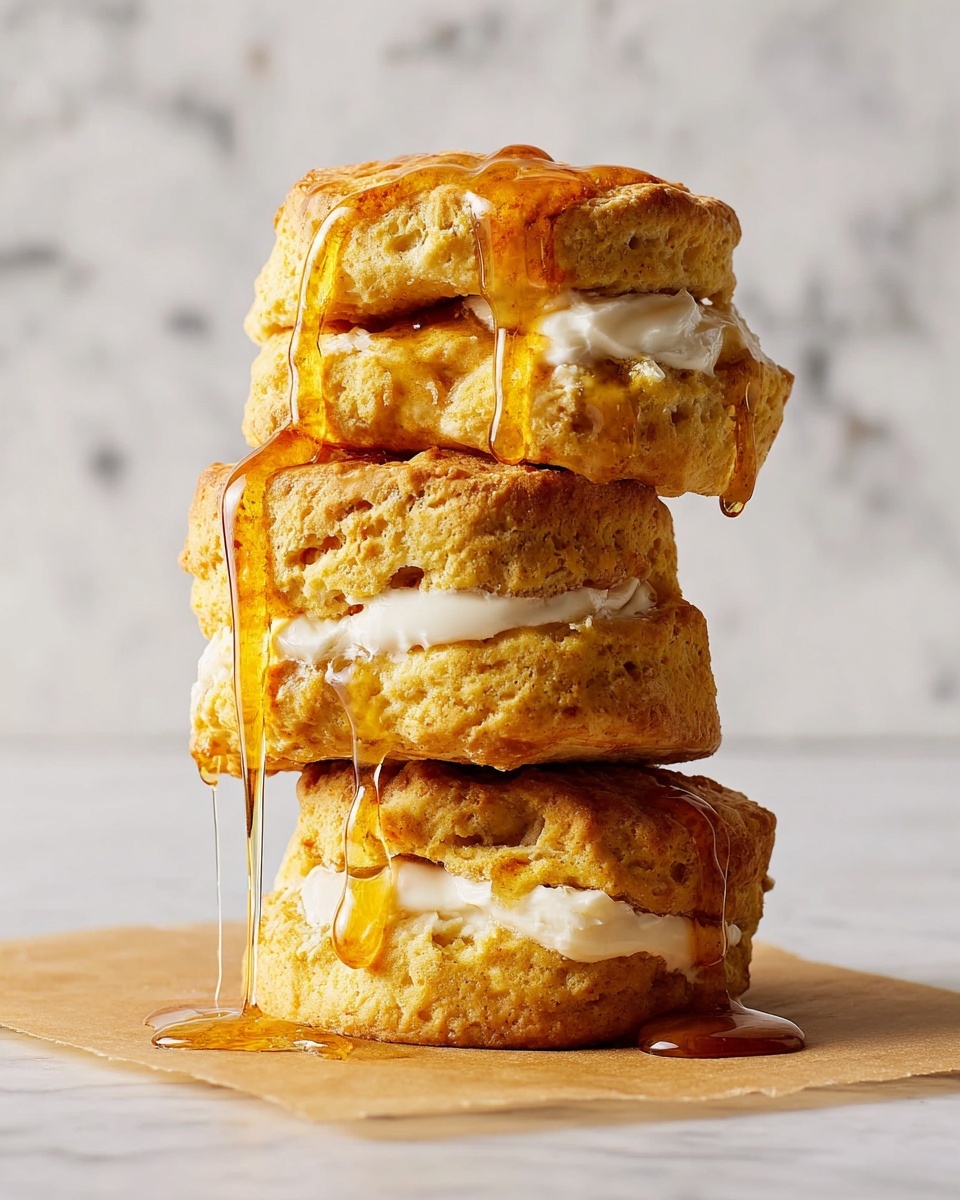 A stack of four golden brown scones, each scone split horizontally and filled with a creamy white layer of butter or cream, is shown on a white marbled surface. The scones have a crumbly texture with small, visible pockets and cracks. The creamy filling peeks out unevenly from the middle of each scone, adding smoothness to the rough outer crust. The background is softly blurred with a light neutral tone, giving focus to the scones. photo taken with an iphone --ar 4:5 --v 7