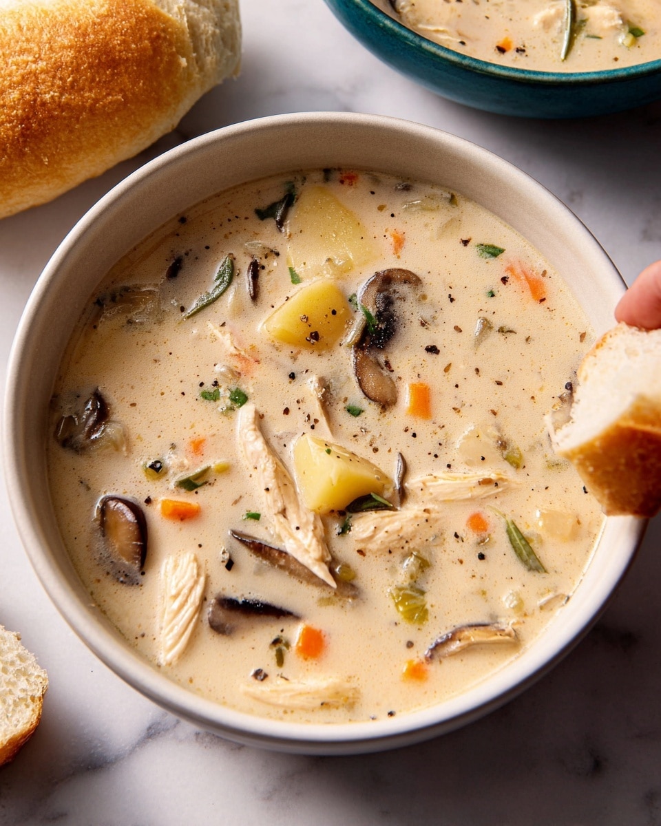 A white bowl filled with creamy, light beige soup that has visible pieces of chicken in off-white strips, dark brown mushroom slices, small orange carrot chunks, pale yellow potato slices, and bits of green herbs scattered throughout. The soup surface has a smooth, thick texture with small specks of black pepper sprinkled on top. A woman's hand is dipping a piece of bread into the soup from the right side of the image. The bowl is on a white marbled surface with a round bread roll partially visible on the left side. Photo taken with an iphone --ar 4:5 --v 7