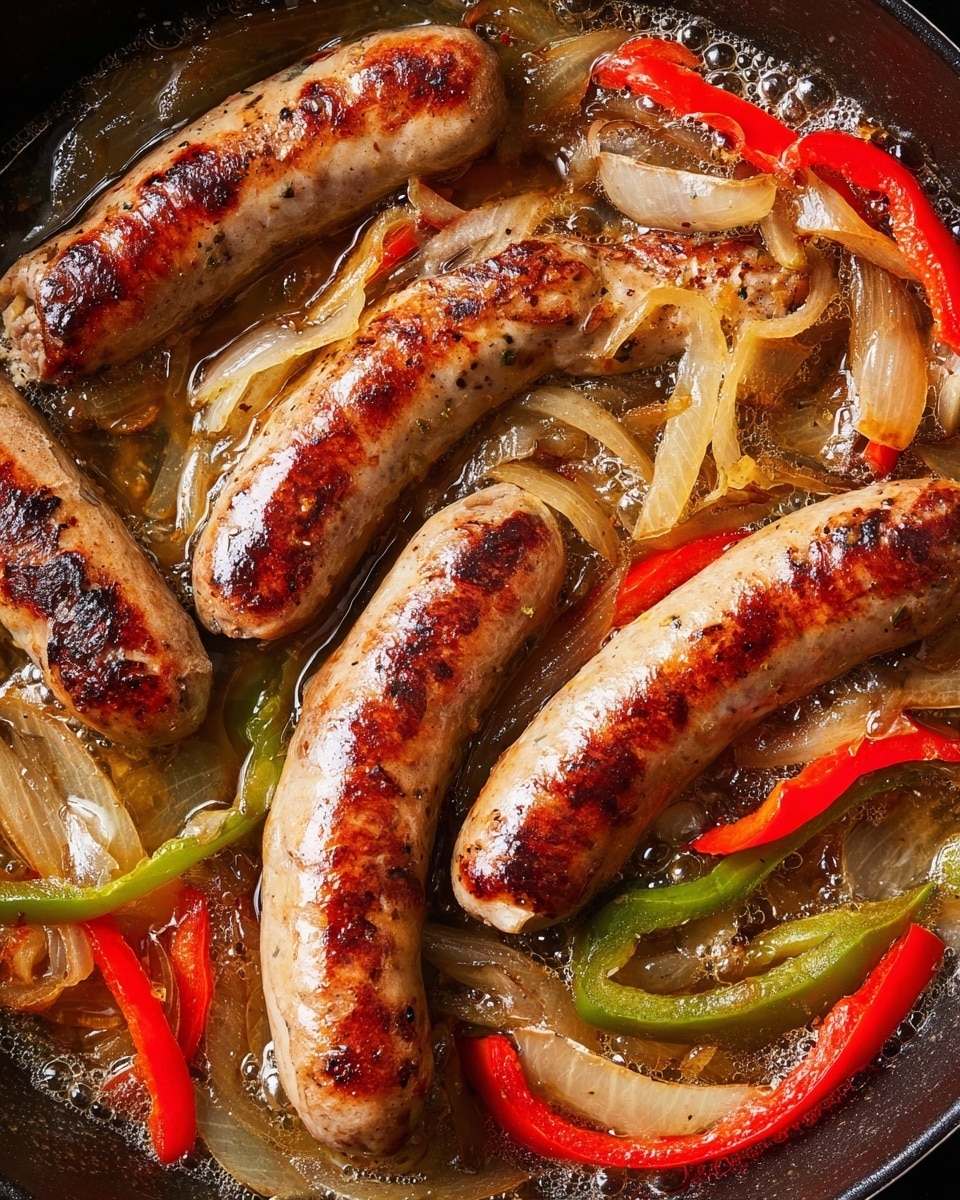 The image shows a white plate holding four sausage sandwiches, placed inside a woven basket with a white marbled surface underneath. Each sandwich has a slightly toasted, light brown bun with a rough texture. Inside each bun is a thick, browned sausage that looks grilled. Underneath the sausages, there are visible layers of cooked onions, soft yellowish-brown in color, and slices of red and green roasted peppers. One sandwich has a line of whole grain mustard seeds beside the sausage. The lighting is warm and bright, making the colors look rich and fresh. Photo taken with an iphone --ar 4:5 --v 7