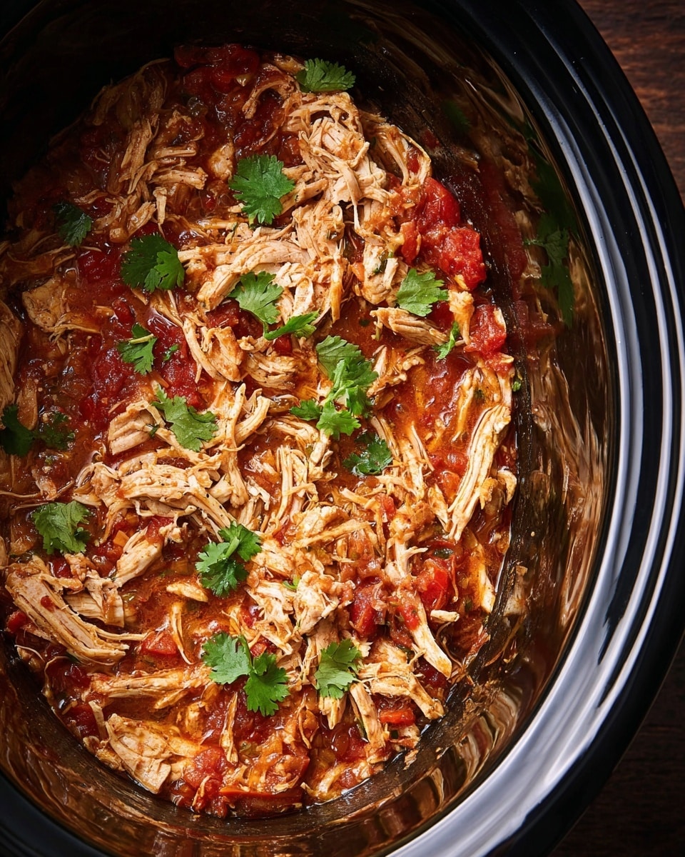Inside a black slow cooker, there is one layer of shredded chicken mixed with a sauce of red tomatoes and small bits of onion and pepper. The chicken is light brown with a soft texture, and the sauce looks thick and red with chunks of tomato. Small green cilantro leaves are spread on top, adding a fresh touch and color contrast. The inside of the slow cooker is shiny black, which makes the colors of the chicken and sauce stand out. The photo taken with an iphone --ar 4:5 --v 7