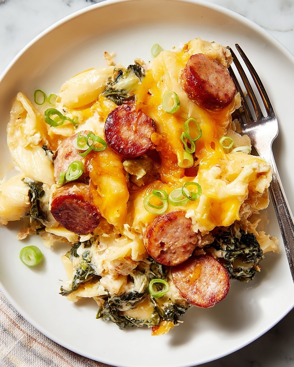 The image shows a close-up of a baked dish with three main layers visible. The bottom layer is light-colored and soft, possibly a biscuit or dough base. The middle layer has bits of white cheese mixed with green leafy vegetables and slices of round, dark red sausage. The top layer is a thick, bright orange melted cheese layer sprinkled with sliced green onions. A silver spoon is scooping into the dish, lifting a portion that clearly shows all layers. The dish is in a white pan, and the background is a white marbled surface. Photo taken with an iphone --ar 4:5 --v 7