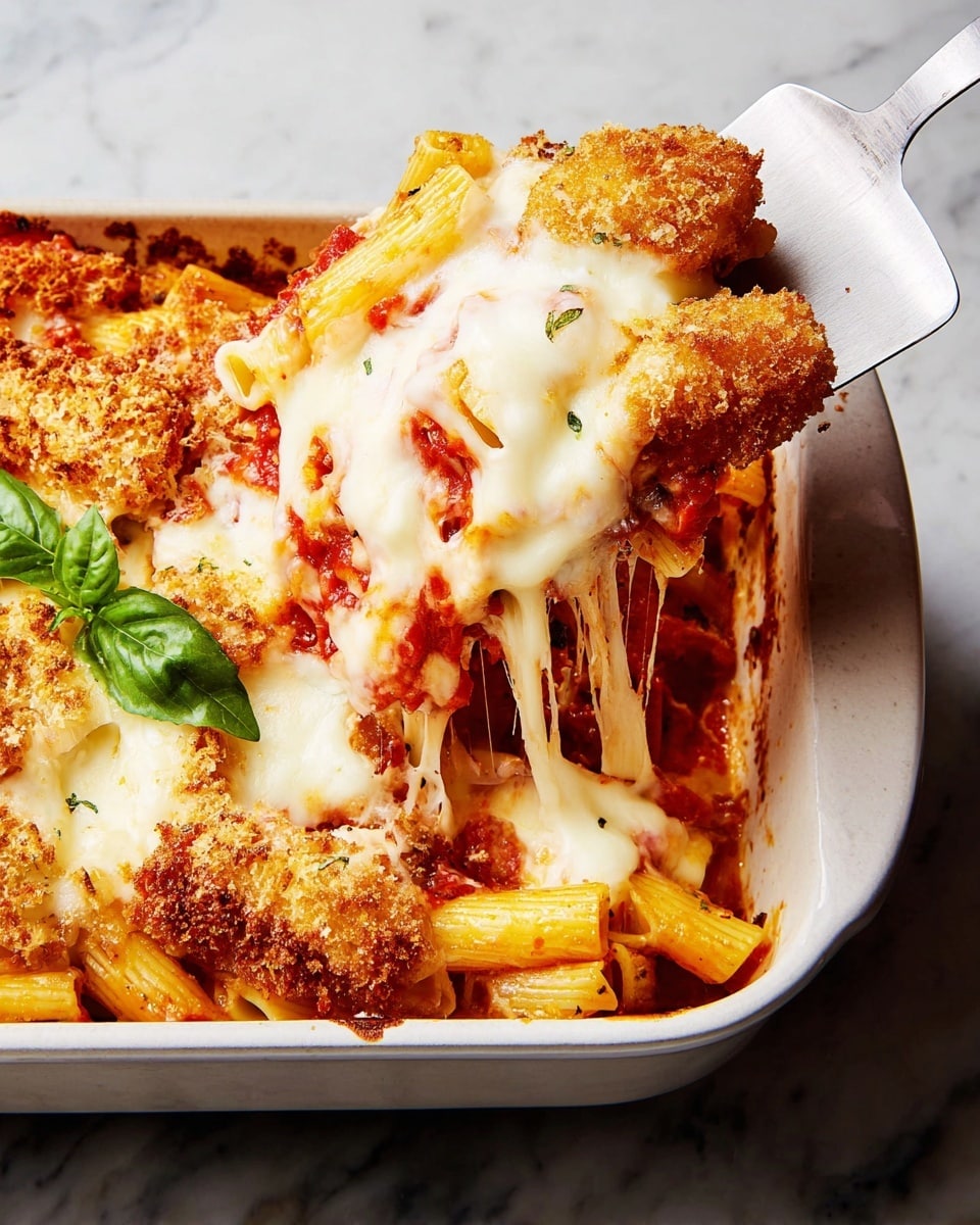 A white baking dish holds a layered pasta bake with rigatoni pasta coated in bright red tomato sauce at the bottom, topped with golden brown crispy breaded pieces, followed by a thick layer of melted white and pale yellow cheese stretching as a woman's hand lifts a serving with a spatula. A small green basil leaf rests on top of the cheese and sauce, with the baking dish placed on a white marbled surface. Photo taken with an iphone --ar 4:5 --v 7