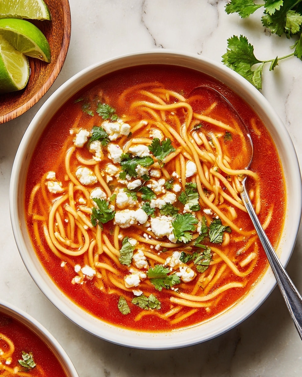 A white bowl filled with a bright red tomato soup base with thin spaghetti noodles mixed in, topped with white crumbly cheese scattered evenly across the surface, and sprinkled with fresh green cilantro leaves. A silver spoon rests on the right side inside the bowl. Next to the bowl, there is a small wooden bowl with four lime wedges placed on a surface with a white marbled texture. photo taken with an iphone --ar 4:5 --v 7