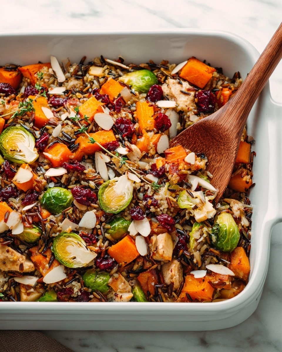 A white rectangular dish filled with a colorful mix of roasted vegetables and grains, including bright orange chunks of sweet potatoes, green Brussels sprouts halved and slightly caramelized, and scattered wild rice grains in shades of brown and black. Small pieces of light brown cooked chicken are visible layered among the vegetables. The dish is topped with dried red cranberries and thin, pale almond slices, adding pops of color and texture throughout. A wooden spoon rests inside the dish, its smooth texture contrasting with the mixed ingredients. The whole scene is set on a white marbled surface, giving a fresh, clean look. Photo taken with an iphone --ar 4:5 --v 7
