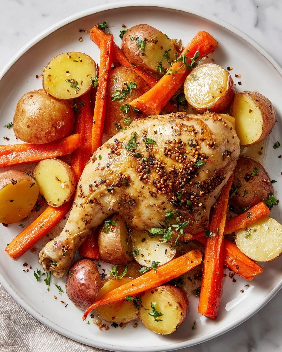 A white plate holds one cooked chicken leg in the center, with a golden-brown skin speckled with whole grain mustard seeds and sprinkled with chopped green herbs. Around the chicken leg, there are small round potatoes in shades of light yellow and reddish-brown, some halved to show their soft interior. Long, thin carrot sticks with a bright orange color are layered among the potatoes. The whole dish is seasoned with visible specks of black pepper and herbs scattered over everything. The plate rests on a white marbled surface. Photo taken with an iphone --ar 4:5 --v 7