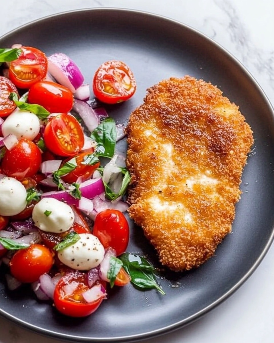 The dish shows two golden brown, crispy fried patties with small green herb bits mixed in, placed side by side on a white plate with a smooth texture. On top of the patties, there is a fresh mix of halved red cherry tomatoes, small round white mozzarella balls, chopped red onions, and green basil leaves scattered evenly. A silver fork rests on the right side of the plate. The background features a white marbled surface with part of another plate holding more patties visible in the upper corner. photo taken with an iphone --ar 4:5 --v 6.1