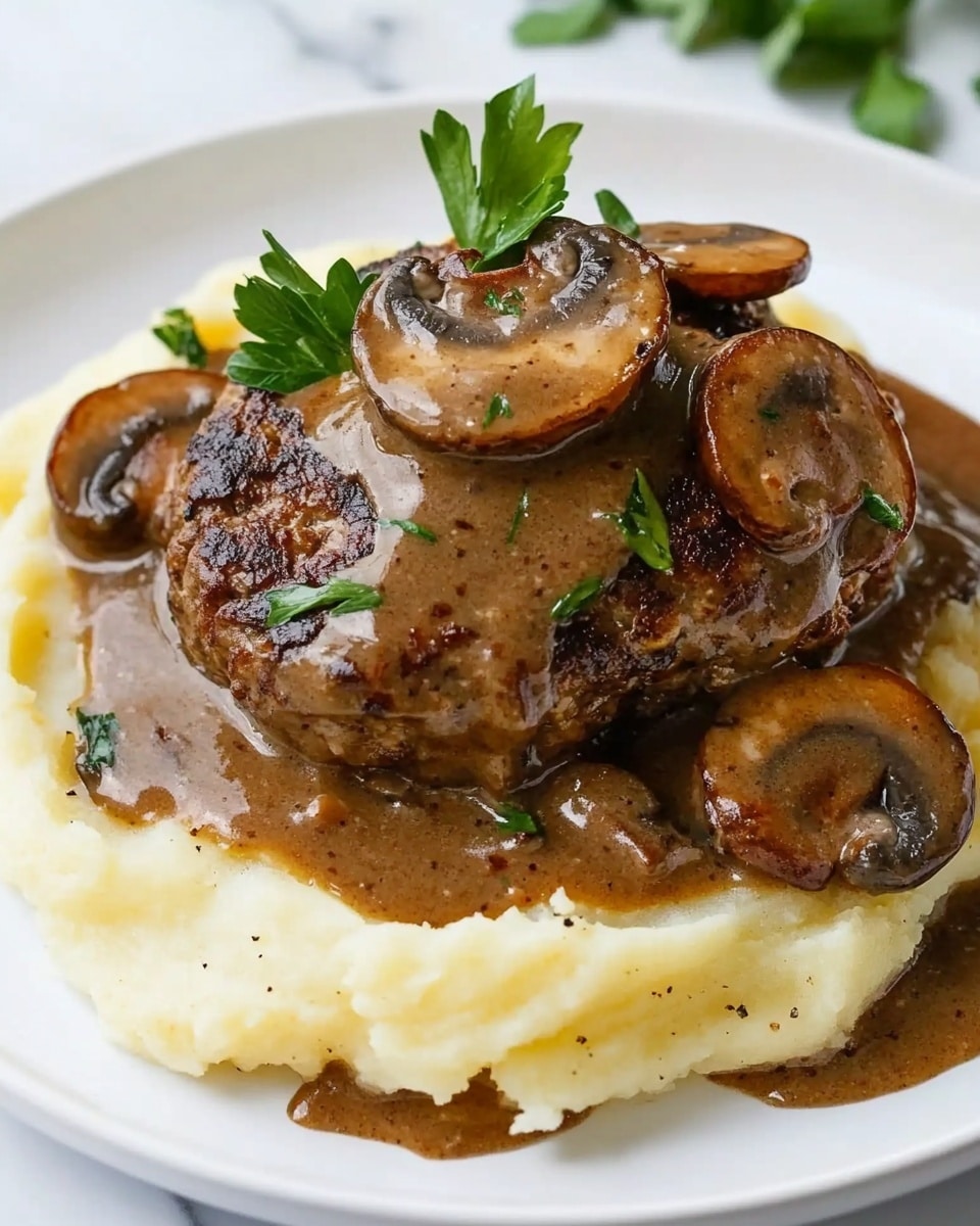 A close-up view of a single browned patty covered with glossy brown mushroom sauce, topped with two slices of cooked light brown mushroom and sprinkled with small pieces of green herbs. The patty has a textured, slightly crusty surface with visible bits of seasoning. The patty is held by a metal spatula against a blurred background of similar patties and sauce, all set on a white marbled surface. photo taken with an iphone --ar 4:5 --v 6.1