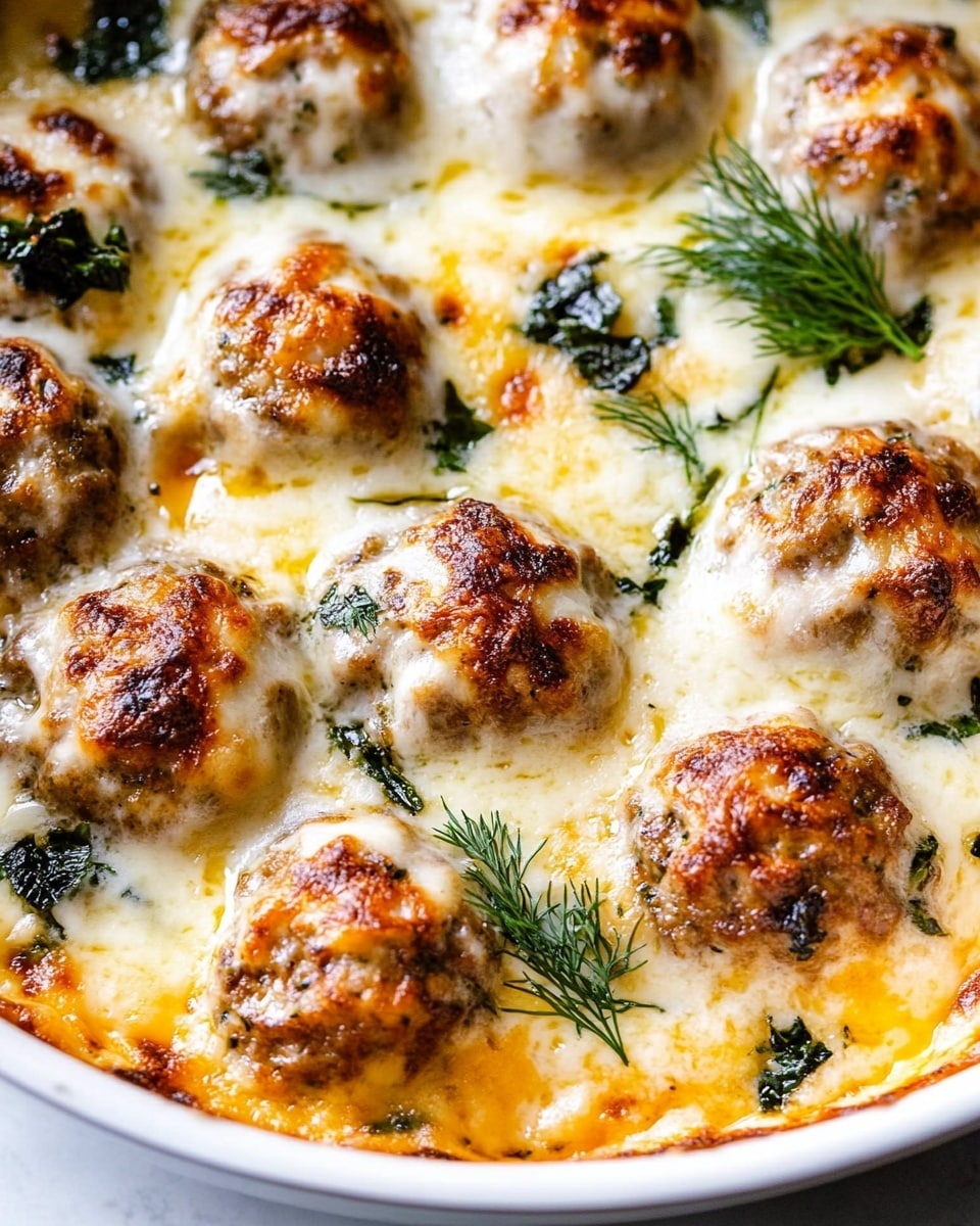 A close-up view of a creamy baked dish with roughly eight meatballs, each topped with melted, golden-brown cheese that has a slightly bubbly texture. The meatballs are surrounded by a thick, creamy white sauce that fills the pan. Scattered on top and around the meatballs are wilted dark green herbs, possibly spinach or kale, and small sprigs of fresh dill that add texture and color contrast. The edges of the white pan show a light crust where the sauce has lightly browned. The whole dish looks warm, rich, and inviting against a white marbled surface. photo taken with an iphone --ar 4:5 --v 6.1