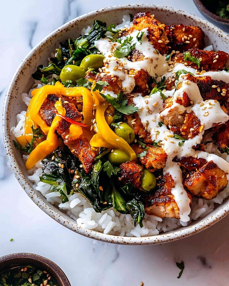 The dish is served in a deep white bowl, layered with cooked white rice at the bottom. On top of the rice, there are dark green cooked leafy vegetables spread evenly, with scattered yellow-green small pepper slices. Over the vegetables and rice, there are several pieces of browned, grilled chicken with a slightly crispy texture. White sauce is drizzled over the chicken and vegetables in thin streams. Small green leaves and sesame seeds sprinkled on top add more detail. A silver fork rests on the right side inside the bowl. The bowl is set on a dark wooden surface with parts of other dishes visible around it, all placed on a white marbled texture. Photo taken with an iphone --ar 4:5 --v 6.1