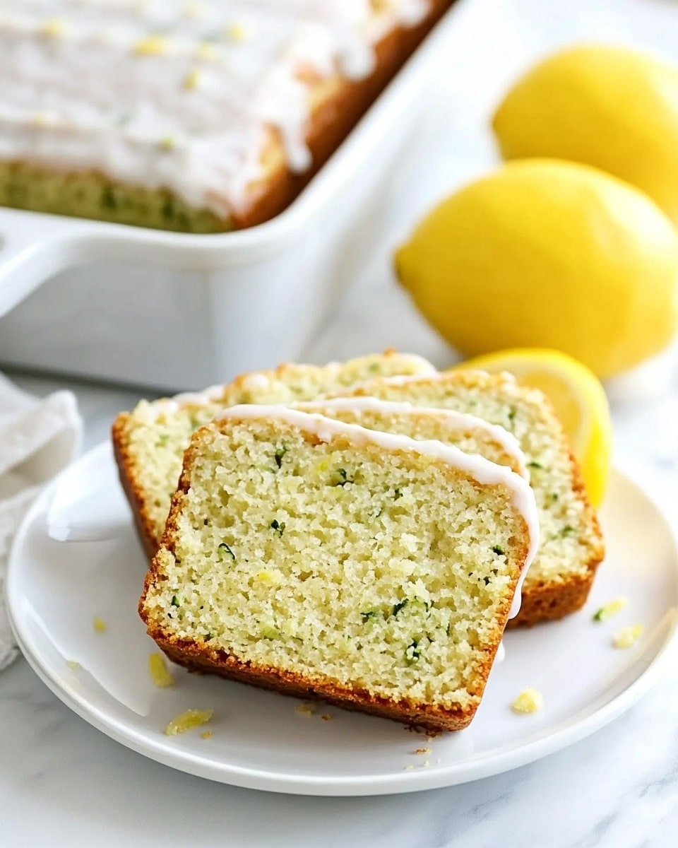 The image shows a loaf of light golden zucchini bread on a wooden board, with two thick slices cut and lying flat in front. The bread has a moist, soft texture with tiny green flecks of zucchini inside. A thin layer of white icing is drizzled evenly on top of the loaf, creating light, irregular stripes. The board is placed on a white marbled surface, with two whole zucchinis and bright yellow lemons surrounding the bread, adding color contrast. The scene looks bright and fresh, focusing on the bread's texture and icing detail, photo taken with an iphone --ar 4:5 --v 6.1