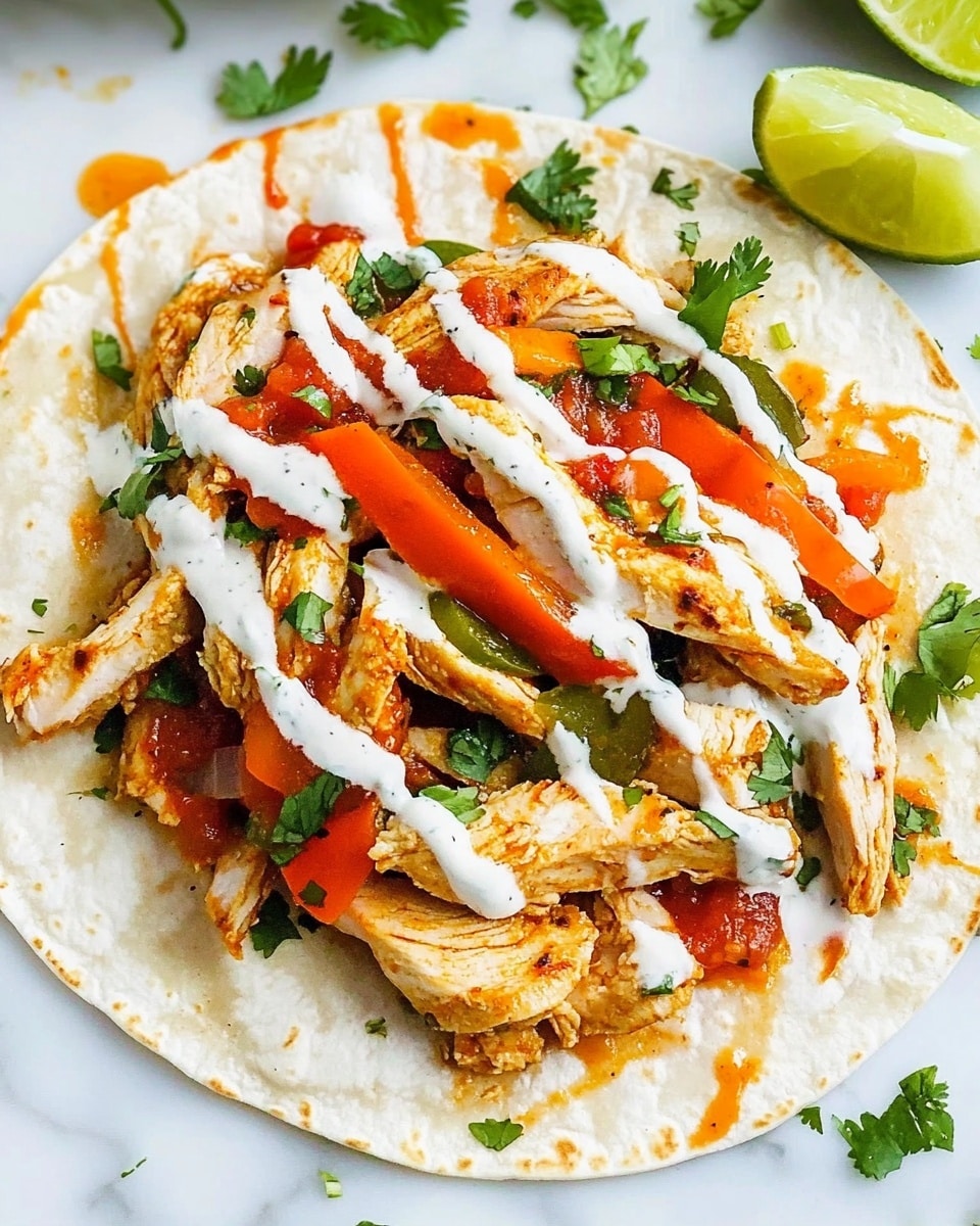 A soft white tortilla lays flat on a white marbled surface, topped with a layer of cooked, light brown chicken strips mixed with orange and green bell pepper slices. On top of this, there is a bright red salsa sauce and a drizzle of white creamy sauce scattered over the chicken and peppers. Fresh green chopped herbs are sprinkled over the whole tortilla. Two lime wedges with a light green inside and darker green rind sit on the right edge of the tortilla, adding a fresh and colorful touch. photo taken with an iphone --ar 4:5 --v 6.1