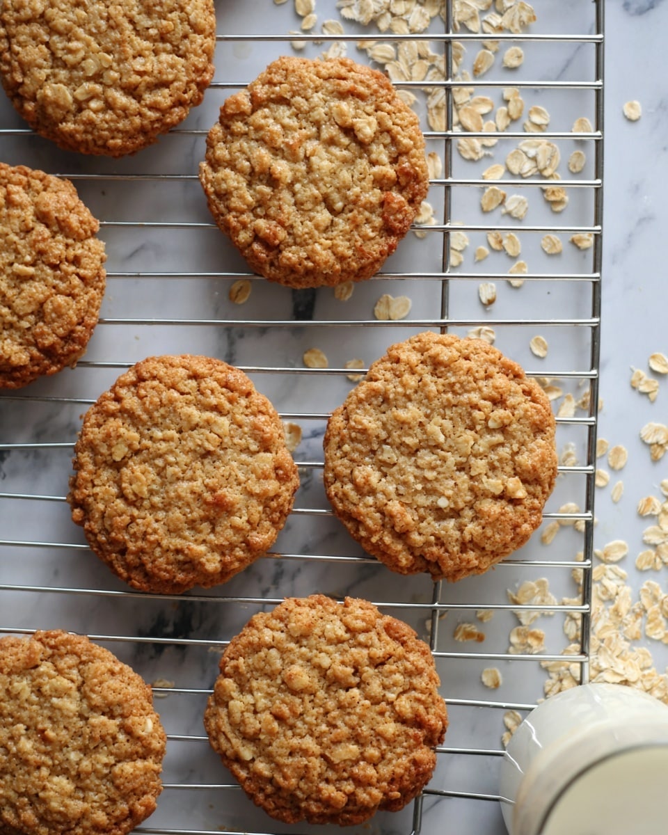 The image shows seven round oatmeal cookies with a golden brown color and a rough, grainy texture from the oats. The cookies are laid out on a silver cooling rack that has a grid pattern, with some loose oats scattered around it. The background is a white marbled surface, adding a clean and bright look to the scene. There is a clear glass container with a white liquid, likely milk, on the right edge of the image. photo taken with an iphone --ar 4:5 --v 7