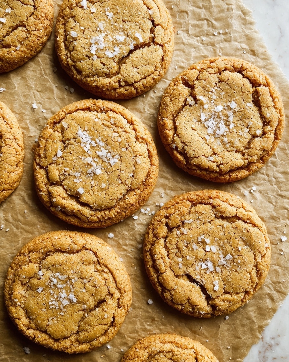 A baking tray lined with light brown parchment paper holds about eight golden brown cookies with a slightly cracked texture on top. Each cookie is round with slightly raised edges and a soft, wrinkled surface. Some cookies are sprinkled with coarse sea salt flakes that add a bit of white contrast to the warm brown color. The tray has worn edges and sits on a white marbled surface. photo taken with an iphone --ar 4:5 --v 7