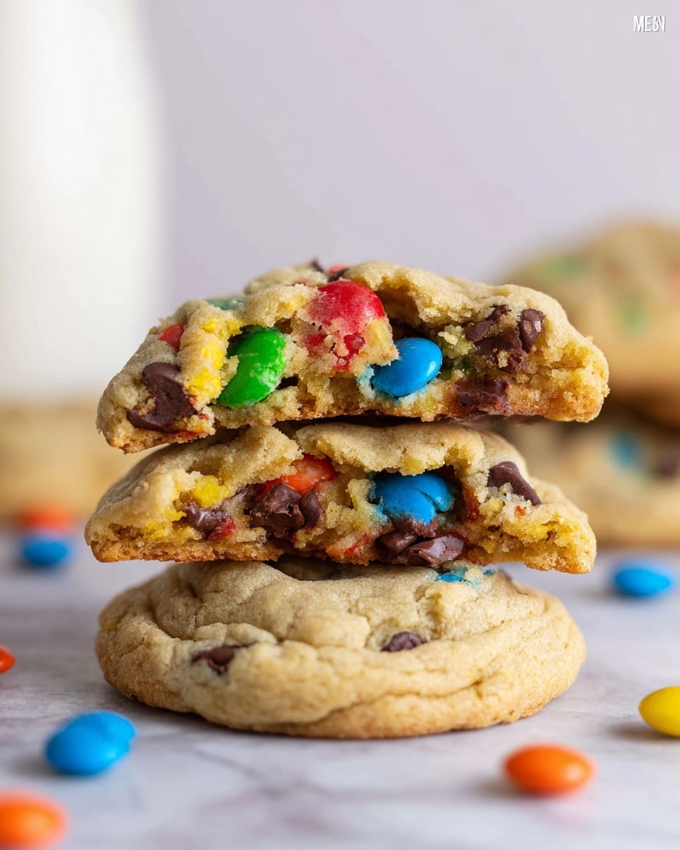 The image shows a close-up of soft, round cookies with a golden-brown color, studded with colorful candy-coated chocolate pieces in red, green, yellow, orange, and blue along with melty chocolate chips. One cookie is broken in half, revealing a chewy inside with melted chocolate and candy pieces inside the layers. The cookies are placed on a white marbled surface, giving a clean and bright look to the photo taken with an iphone --ar 4:5 --v 7