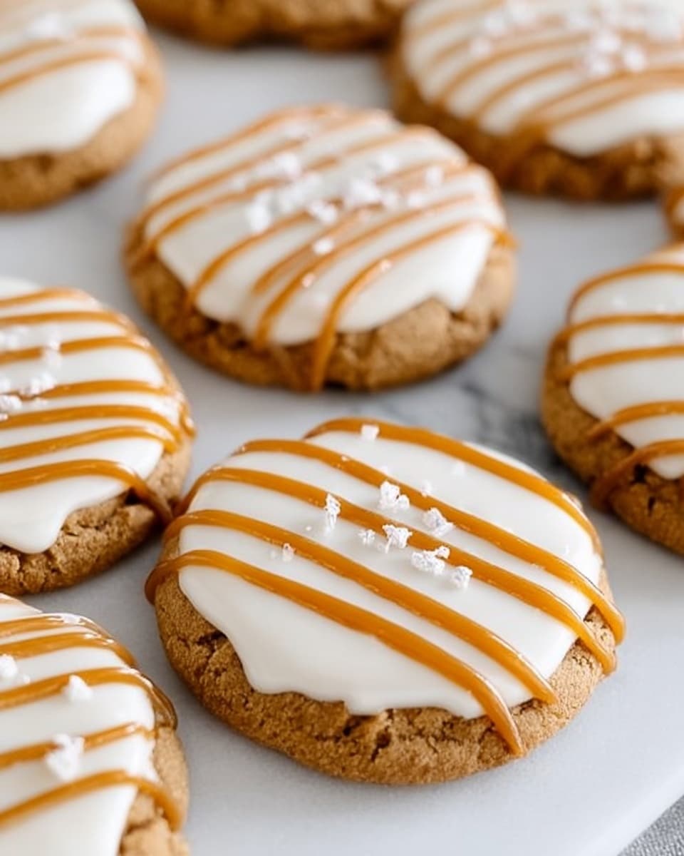 The image shows soft, thick cookies placed on a black wire rack over a white marbled surface. Each cookie has two visible layers: the base layer is light brown with a cracked texture, and the top layer is a smooth swirl of white frosting that almost covers the cookie surface. Over the frosting, there are evenly spaced orange caramel-colored drizzle lines running diagonally, adding shine and contrast. Small white salt flakes are sprinkled lightly over the cookies, giving a touch of texture and detail. The photo taken with an iphone --ar 4:5 --v 7