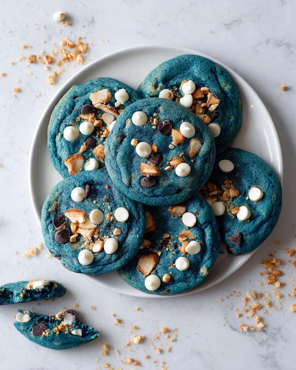 A white plate holds a stack of blue cookies, each topped with white chocolate chips, dark cookie pieces, and light brown bits scattered throughout. One cookie on the right is split into parts, showing the blue texture inside. Crumbs and cookie pieces are scattered around the plate on a white marbled surface. photo taken with an iphone --ar 4:5 --v 7