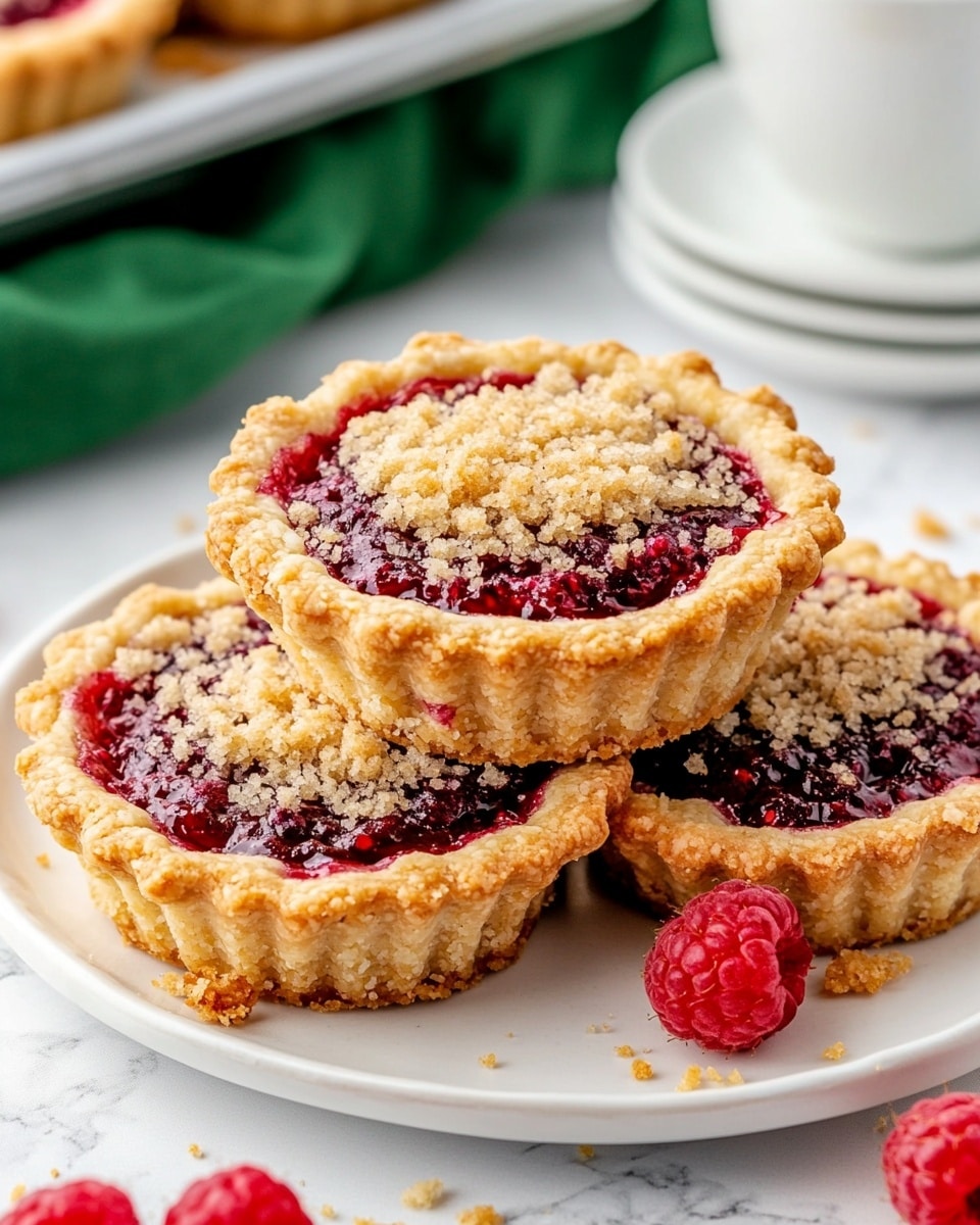 The image shows a white plate holding a stack of four round crumb-topped raspberry tarts. Each tart has a golden-brown crust with a visible edge forming the bottom and sides. The top layer has a crumbly, pale yellow streusel texture sprinkled unevenly over a dark red raspberry filling that peeks through. The front tart is leaning slightly, showing its crumb topping and jam center clearly. The plate is on a white marbled surface with some scattered crumbs and a few fresh red raspberries nearby. In the background, there is a white rectangular tray with more tarts and a stack of white cups and saucers. A green cloth is also partially visible behind the plate. Photo taken with an iphone --ar 4:5 --v 7