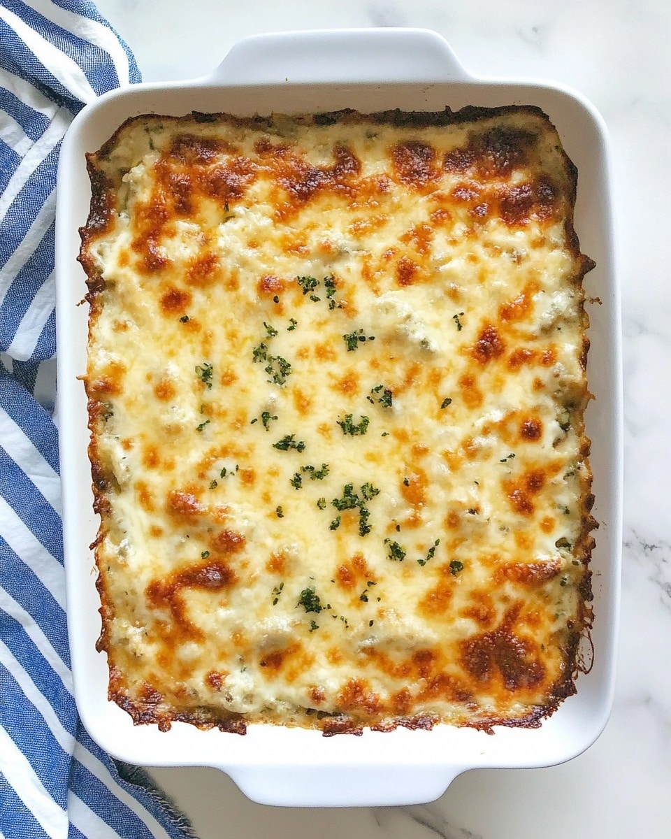 A thick square piece of lasagna sits on a white square plate, showing distinct layers. The top layer is a golden-brown, bubbly cheese crust with melted, slightly browned cheese spots. Below this is a creamy, light-colored sauce layer mixed with chunks of spinach and small pieces of tender chicken. The layers beneath have soft pasta sheets with green spinach leaves and scattered chicken bits visible. The background is a white marbled surface with a blurred white plate and a striped cloth nearby. Photo taken with an iphone --ar 4:5 --v 7