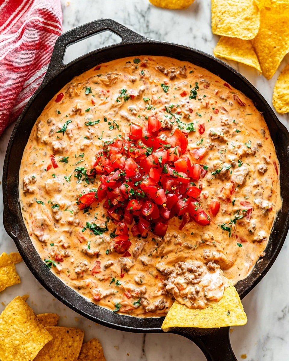 A close-up of a white pan filled with a creamy, chunky dip that has a pinkish-orange color mixed with ground meat and small bits of tomato and herbs layered throughout. On top, there is a small pile of finely chopped bright red tomatoes garnished with green herbs. Two yellow tortilla chips are partially dipped into the dip, standing upright at the back of the pan. The pan sits on a white marbled surface with a few extra tortilla chips scattered around. A colorful checkered cloth is blurred in the background. Photo taken with an iphone --ar 4:5 --v 7