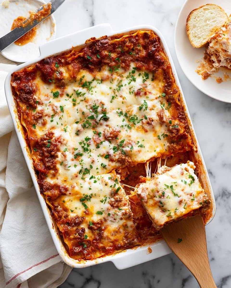 A white rectangular dish holds a baked lasagna with multiple visible layers: the bottom has a rich red tomato sauce with bits of meat, followed by creamy white cheese layers, and another layer of sauce topped generously with melted golden cheese that is bubbling and slightly browned, sprinkled with chopped green herbs. A wooden spatula lifts one thick, square piece, showing stringy, soft melted cheese and sauce layers inside. The dish is on a white marbled surface with a folded white cloth nearby and a white plate with a slice of bread and a knife with some spread on it. Photo taken with an iphone --ar 4:5 --v 7