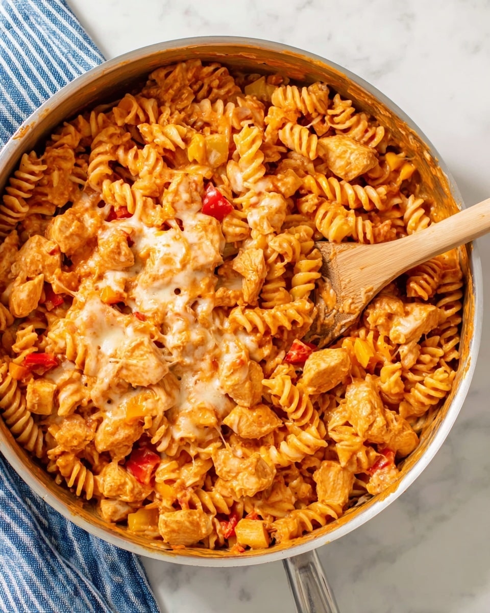 A white plate holds a single-layered dish of spiral pasta coated in a reddish-orange sauce. Mixed evenly throughout the pasta are small pieces of light-colored cooked chicken, diced yellow and red bell peppers, and small bits of green herbs, adding touches of color contrast. A silver fork rests on the right side of the plate, partially twirling some pasta. The plate sits on a white marbled surface photo taken with an iphone --ar 4:5 --v 7