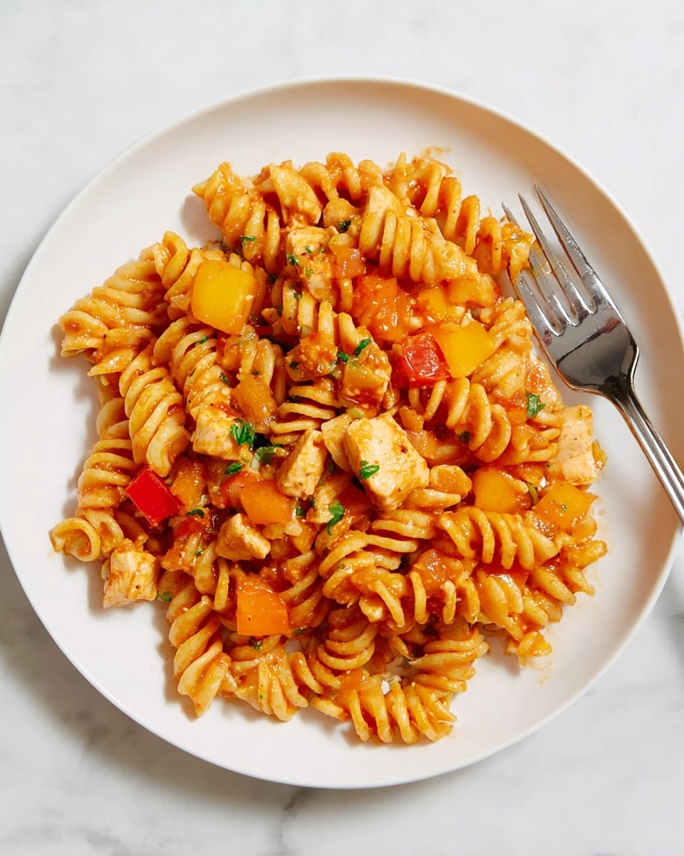A metal pot filled with rotini pasta covered in a bright orange sauce, mixed with chunks of light brown cooked meat and small pieces of red and yellow bell peppers, all topped with melted white cheese that stretches slightly as a woman's hand stirs with a wooden spoon. The pot rests on a white marbled surface with a blue and white striped cloth next to it and a lemon wedge nearby. Photo taken with an iphone --ar 4:5 --v 7