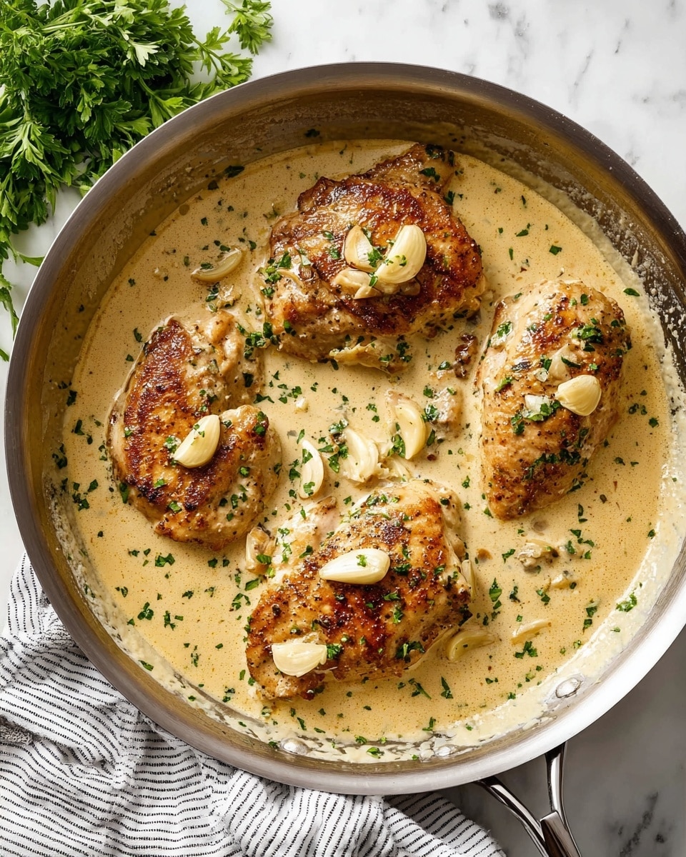 On a white plate, there is one piece of cooked chicken with a light brown color, topped with a creamy light beige sauce that has garlic cloves and small green herb pieces spread on it. On the left side of the plate, there is a fresh Caesar salad with various shades of green lettuce leaves and light golden brown croutons mixed with a creamy dressing. The plate sits on a white marbled surface with a sprig of green parsley visible in the top right corner. photo taken with an iphone --ar 4:5 --v 7