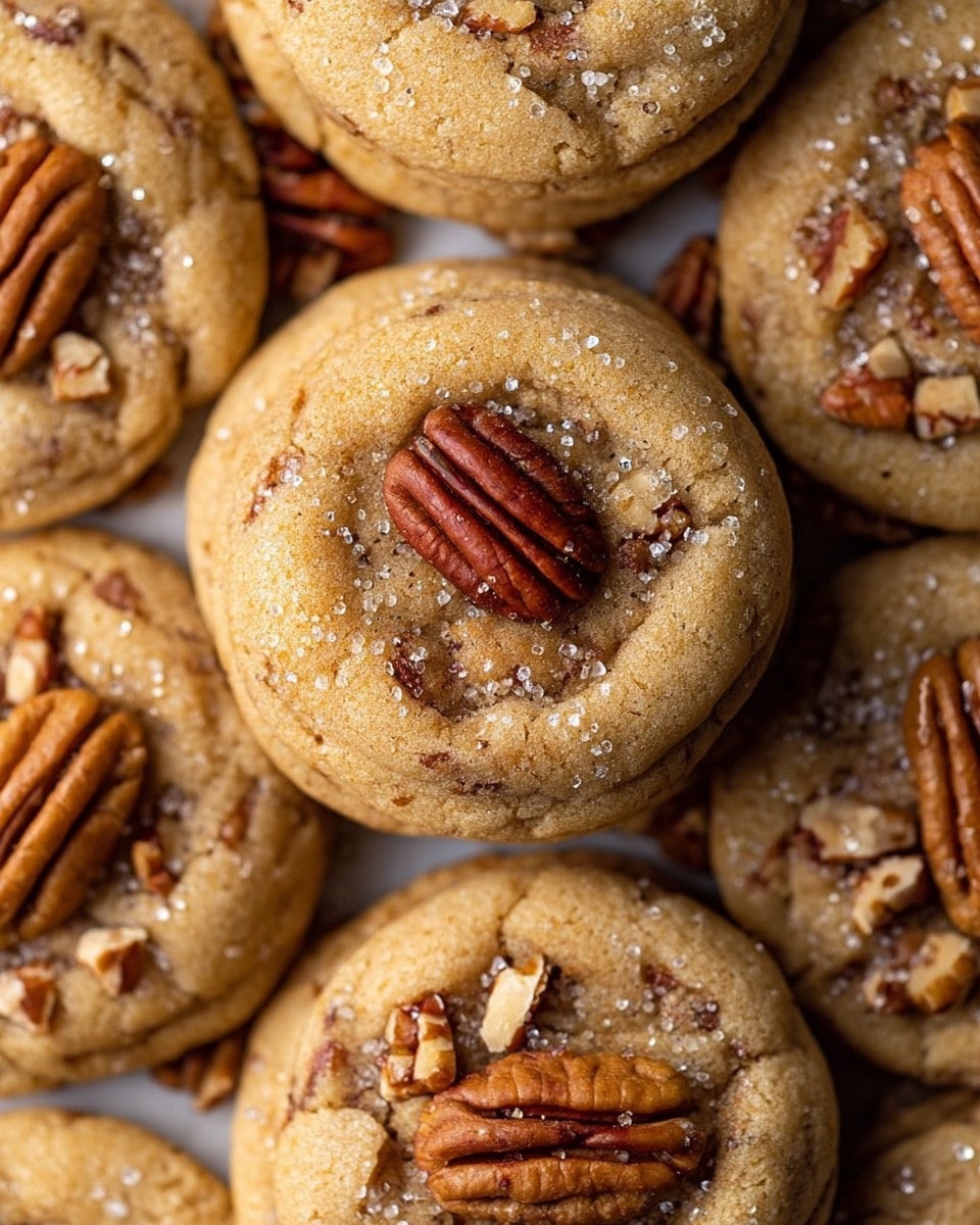 The image shows many round cookies stacked and spread out on a warm brown textured surface. Each cookie has a golden brown color with a soft, slightly cracked texture. They are topped with a whole pecan placed in the center and have small pieces of chopped pecans scattered throughout the dough. The cookies have a slight shine and a light dusting of sugar crystal, giving them a gentle sparkle. There are also some loose pecan halves surrounding the cookies, adding to the rustic feel. photo taken with an iphone --ar 4:5 --v 7