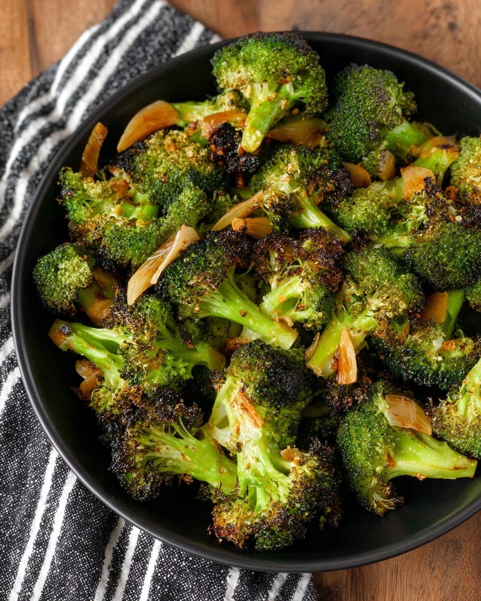 The dish shows a black bowl filled with around two layers of roasted broccoli florets that have browned, crispy edges and bright green stems. Scattered thinly over the broccoli are lightly toasted almond slices that are ivory in color and small pieces of green onion rings adding a fresh touch. The bowl sits on a wooden surface with a black and white striped cloth nearby. The broccoli has a mix of charred textures and smooth, tender parts, making it look crunchy and flavorful. Photo taken with an iphone --ar 4:5 --v 7