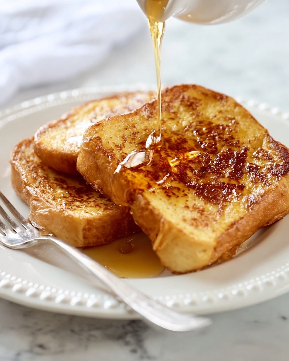 Two thick slices of French toast are placed on a white plate with a beaded edge. Each slice shows a golden brown, slightly crispy texture on top, with a light, fluffy inside visible at the cut edges. Golden syrup is being poured over the front slice, creating a shiny, flowing layer that glistens on the toast surface and drips slowly onto the plate. A silver fork rests on the left side of the plate. The whole scene is set on a white marbled textured surface, with soft, natural light enhancing the warm and inviting colors. photo taken with an iphone --ar 4:5 --v 7