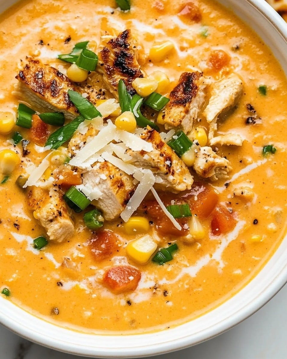 A white bowl filled with creamy orange soup that has visible chunks of corn and tomatoes mixed inside. On top, there is a layer of browned, grilled chicken pieces scattered in the center, sprinkled with thinly sliced green onions and some fine white cheese shreds. The texture of the soup looks smooth and thick, while the chicken pieces are slightly charred and rough. The bowl sits on a white marbled surface. photo taken with an iphone --ar 4:5 --v 7