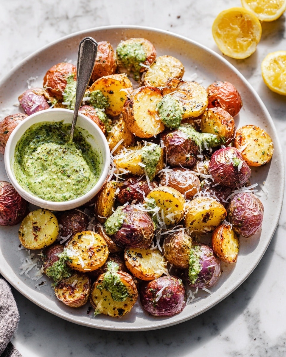 A white round plate is filled with cooked small potatoes in red, yellow, and purple colors, some cut in half showing a soft inside with browned, crispy skin. Green pesto sauce is drizzled over the potatoes in uneven dollops, and white shredded cheese is sprinkled on top. In the center of the plate, there is a small white bowl holding more green pesto with a silver spoon inside. A light yellow lemon wedge is partially visible in the top right corner. The plate is on a white marbled surface with a piece of light gray cloth peeking from the top left. Photo taken with an iphone --ar 4:5 --v 7