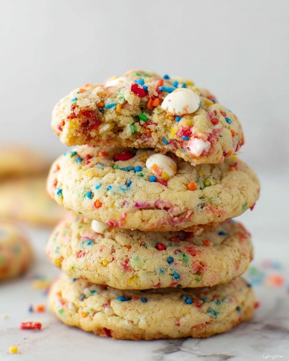 A stack of four soft, thick cookies sits on a white marbled surface. Each cookie is light golden with a slightly rough texture, speckled with colorful tiny round sprinkles in red, blue, green, orange, yellow, and purple all over. The top cookie has visible chunks of white and red candy pieces unevenly spread on its surface. The edges of the cookies are gently rounded, giving a soft shape to the stack. Photo taken with an iphone --ar 4:5 --v 7
