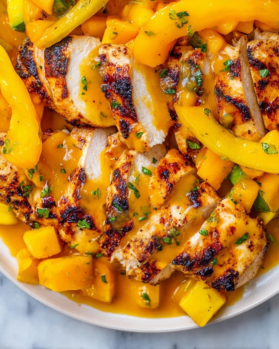 The image shows a white plate filled with grilled chicken slices that have a nicely charred surface and white tender inside. On top of and around the chicken are bright yellow mango pieces and thick yellow pepper strips that look juicy and soft. The dish has a glossy orange mango sauce drizzled in uneven spots over the chicken and vegetables, with small green herb bits scattered lightly for color contrast. Everything rests on the white marbled surface that adds a clean and fresh look. photo taken with an iphone --ar 4:5 --v 7