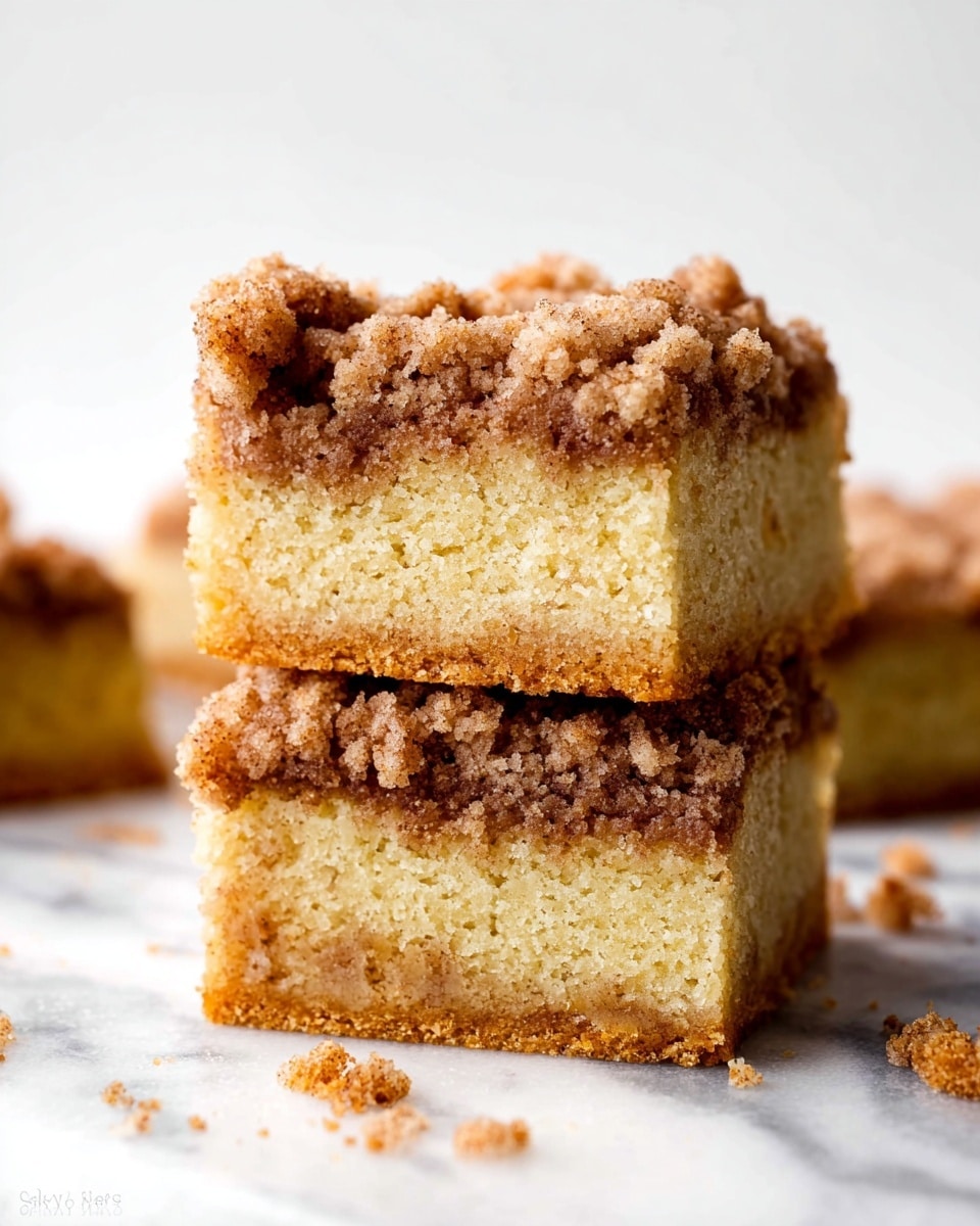 A close-up view of a square piece of cake on a white plate with a white marbled background. The cake has two main layers: the bottom layer is a soft, light yellow sponge cake, and the top layer is a crumbly mixture with a brown, textured appearance that looks like cinnamon and nuts. There is a smooth white glaze dripping down the sides of the crumbly layer, adding a creamy contrast. A fork is partially inserted into the left side of the cake. Photo taken with an iphone --ar 4:5 --v 7