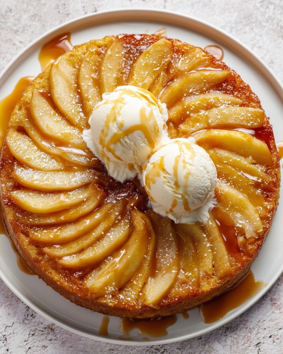 A round upside-down apple cake with one layer shows thin slices of apple arranged in a fan shape across the top. The apple slices are golden yellow with slightly red edges, covered with a shiny caramel glaze. On the center of the cake, there are two scoops of white vanilla ice cream drizzled with caramel sauce, with some melting around the edges. The cake sits on a white plate with a white marbled textured surface underneath. Photo taken with an iphone --ar 4:5 --v 7