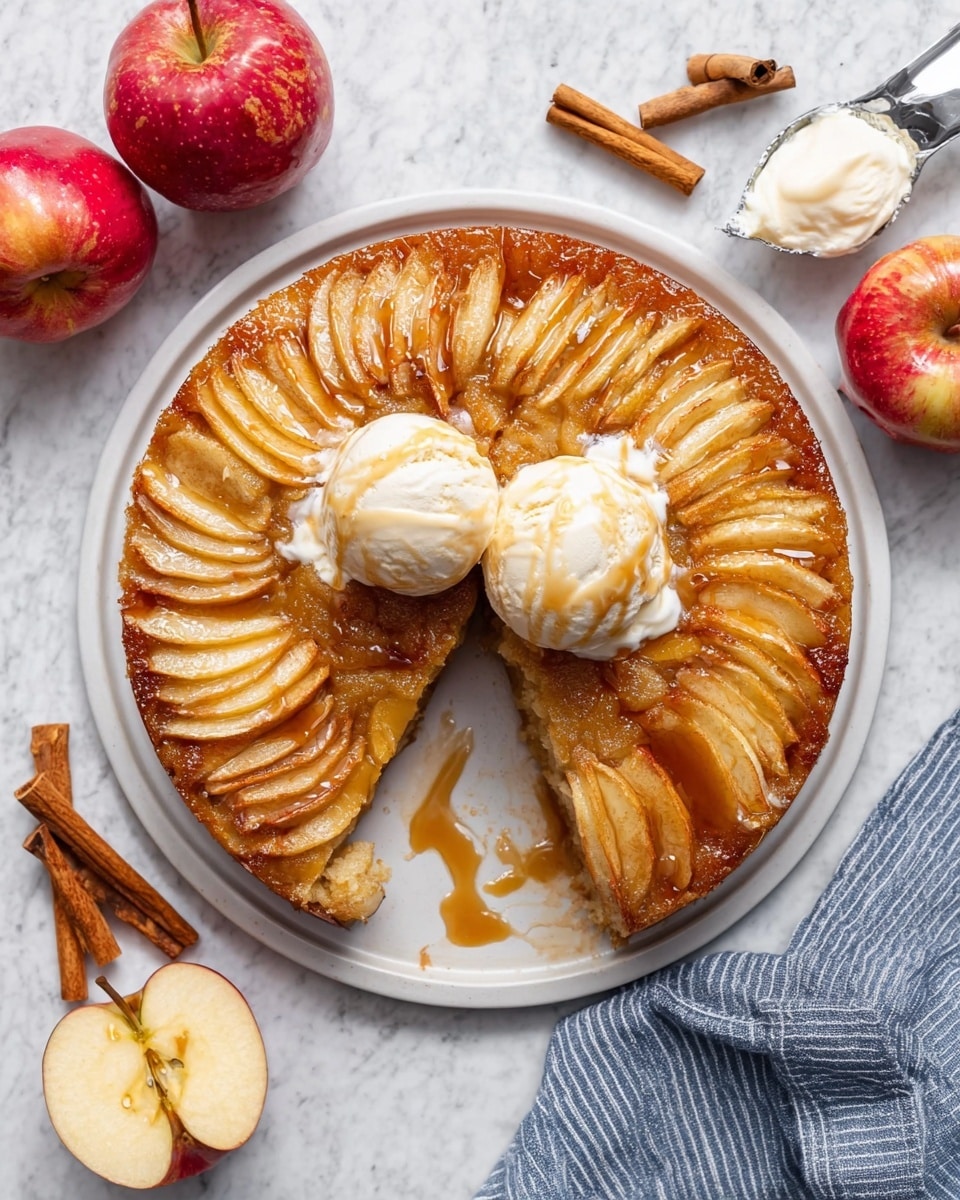 A round upside-down apple cake sits on a white plate, with a caramelized golden-brown top layer showing thin, slightly translucent slices of apple arranged in a circular pattern around the cake. The middle of the cake has two scoops of white ice cream drizzled with caramel sauce, adding creamy and glossy highlights. Around the plate, the white marbled surface holds a halved apple with red and cream tones at the top left, a whole shiny red apple at the bottom right, and a glass jar filled with cinnamon sticks near the top right. A striped blue and white cloth is partially visible at the bottom left. Photo taken with an iphone --ar 4:5 --v 7