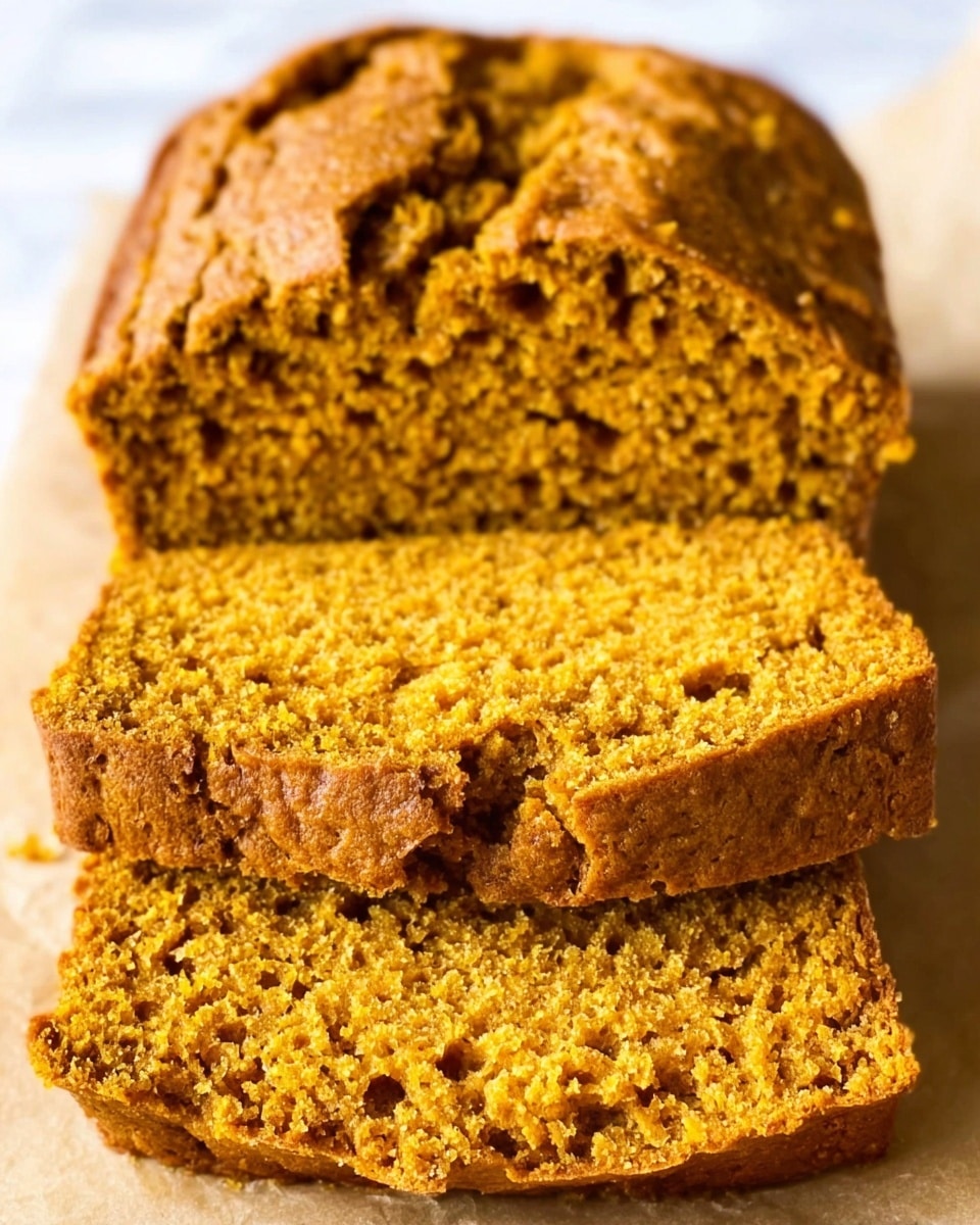 A close-up of a sliced loaf of pumpkin bread sitting on a white marbled surface. The bread has one main layer with a soft, moist, and crumbly orange-brown texture. The outside crust is darker with a slightly rough and cracked look. Several thick slices are cut from the loaf, showing the dense and grainy inside filled with small air pockets. Small crumbs are scattered around the bread on the surface. The background is blurred with soft light, creating a warm and cozy feel. Photo taken with an iphone --ar 4:5 --v 7