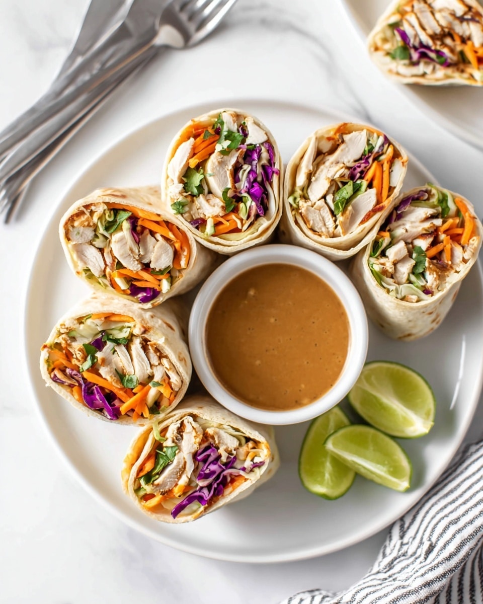 The image shows tortilla wraps cut in half to show the inside, filled with three main layers: large chunks of light brown cooked chicken pieces, colorful shredded vegetables including bright orange carrot pieces and purple cabbage, and green herbs scattered throughout. The wraps are arranged on a white plate on a white marbled surface. To the side, there is a small white cup filled with a smooth brown dipping sauce, along with two slices of lime and a few green herb leaves. The texture of the wraps looks soft and fresh. Photo taken with an iphone --ar 4:5 --v 7