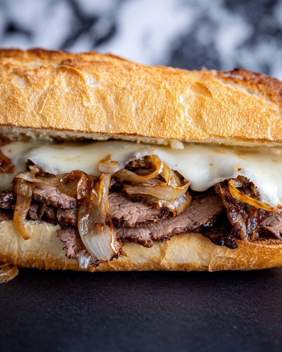 A close-up side view of a sandwich with four layers: the bottom layer is a light golden brown toasted baguette, slightly crusty; on top of it, there is a thick layer of thin, juicy slices of cooked brown beef; above the beef, a generous layer of caramelized onions with a mix of light golden and dark brown soft onion pieces; next, a layer of melted white cheese, softly folded; and finally, the top layer is the matching piece of toasted baguette with a golden, slightly rough crust. The sandwich rests on a dark surface with a white marbled texture in the background. photo taken with an iphone --ar 4:5 --v 7
