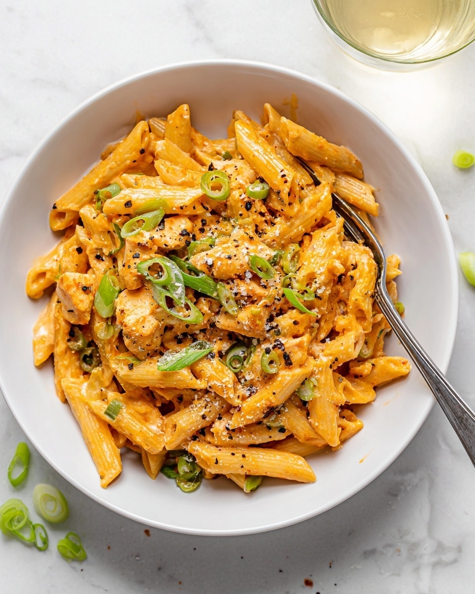 A white bowl filled with three layers of food, starting with al dente orange penne pasta coated in a creamy sauce. The second layer has small light brown chicken pieces and green asparagus chunks scattered evenly among the pasta. The third layer shows thinly sliced green onions and finely grated white cheese sprinkled on top along with a light dusting of black pepper. The bowl sits on a white marbled surface with a silver fork visible to the right. Photo taken with an iphone --ar 4:5 --v 7