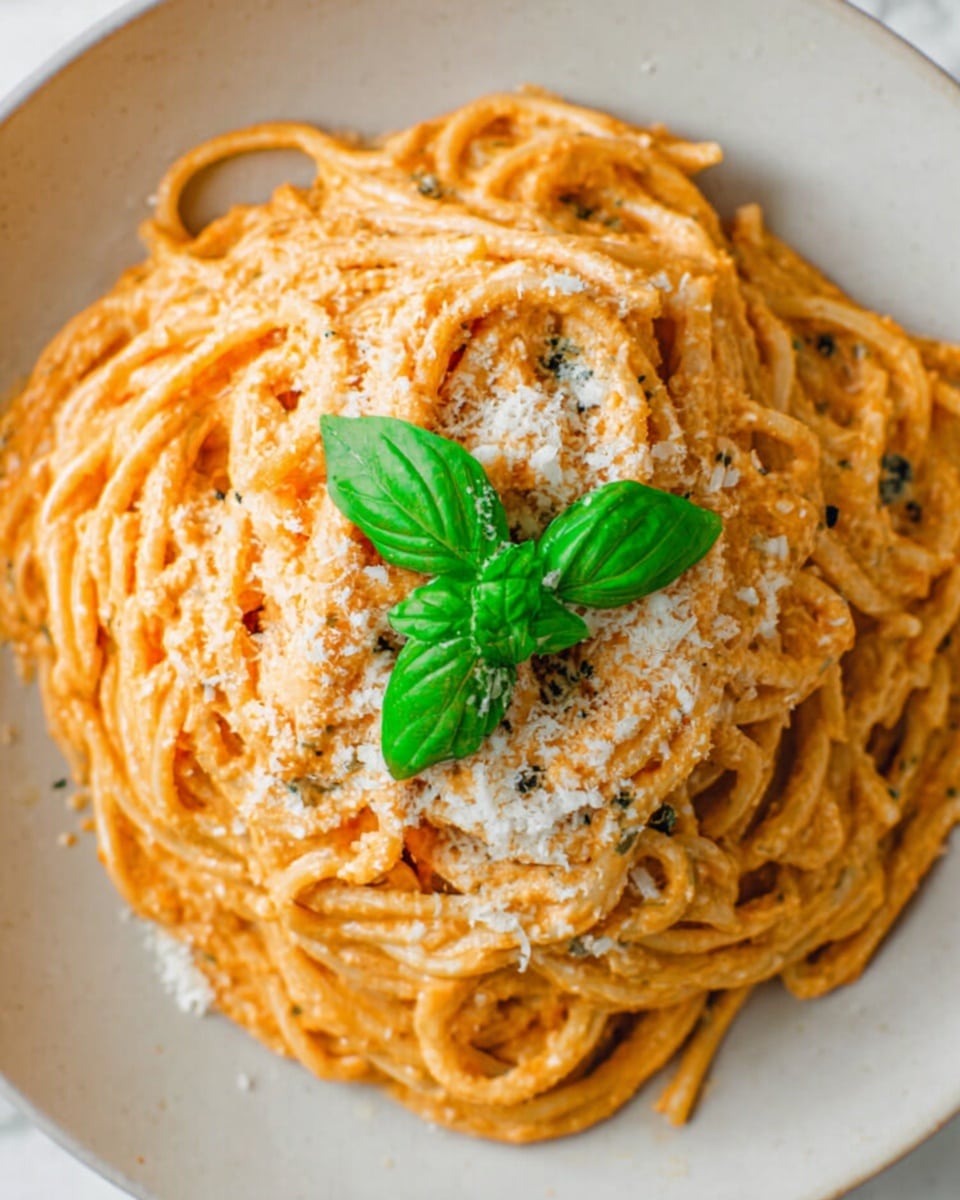 A plate of spaghetti is placed on a white marbled surface. The dish has two main layers: at the bottom, there is a large mound of spaghetti that is coated in a creamy, light orange sauce with small green herb specks, giving it a rich and smooth texture that clings well to the pasta. On top of the spaghetti, there is a layer of finely grated white cheese scattered evenly for a soft contrast. Finally, a small bunch of fresh green basil leaves is placed on the very top right in the center as a bright garnish. Photo taken with an iphone --ar 4:5 --v 7