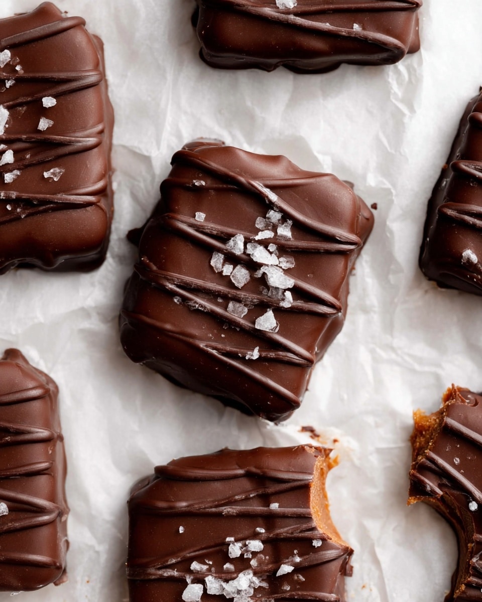 The image shows several square chocolate pieces arranged on white parchment paper placed on a white marbled surface. Each chocolate piece has a smooth, dark brown shiny coating with darker chocolate drizzle lines across the top, creating a wavy pattern. Some of the squares have small flakes of white sea salt sprinkled on top, adding contrast. One piece at the bottom has a bite taken from the corner, revealing a lighter brown, soft filling inside. The chocolate's surface appears slightly textured with tiny droplets of moisture visible. photo taken with an iphone --ar 4:5 --v 7