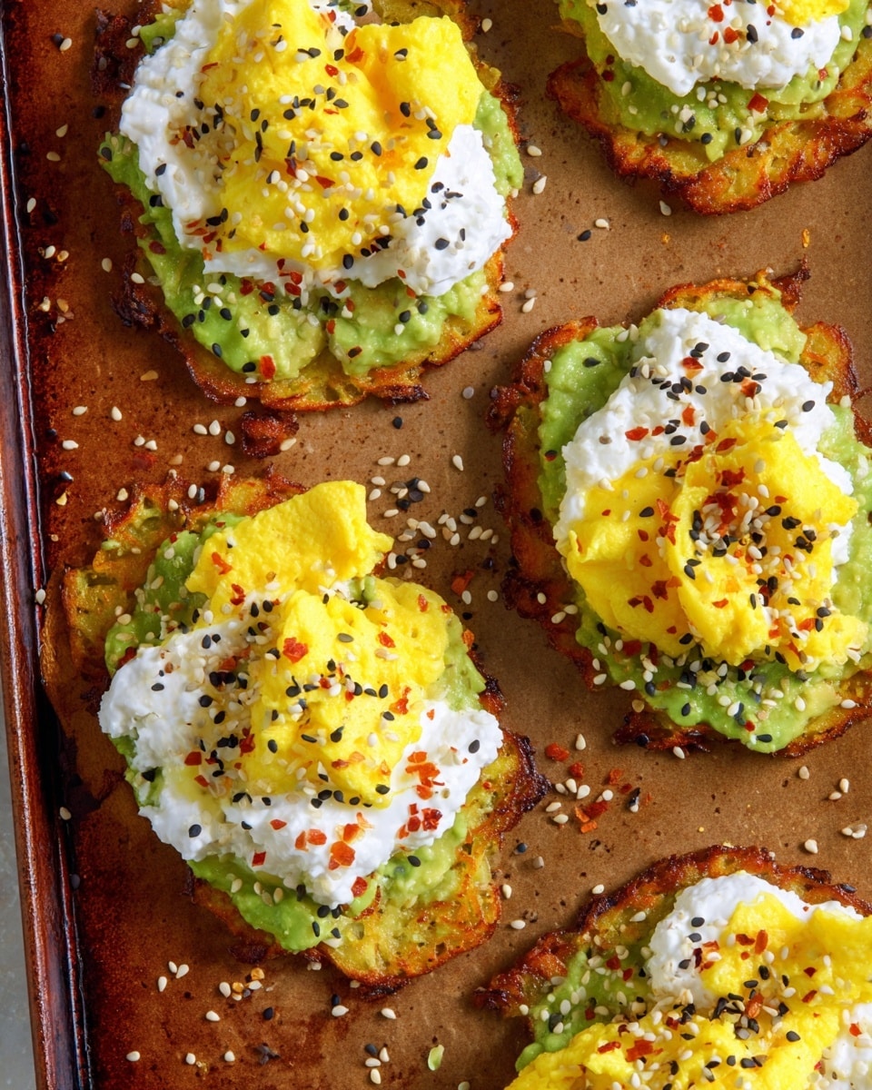 The image shows four pieces of crispy fried hash brown patties placed on a brown baking tray with scattered seasoning bits around. Each patty has three visible layers: the bottom layer is the golden-brown and crunchy hash brown, topped with a smooth, light green mashed avocado layer, and the top layer consists of bright yellow scrambled eggs piled unevenly. On top of the eggs, there is a generous spoonful of white cottage cheese sprinkled with black and white sesame seeds and red chili flakes. The overall texture contrasts between crunchy, creamy, and fluffy elements making it visually rich. Photo taken with an iphone --ar 4:5 --v 7