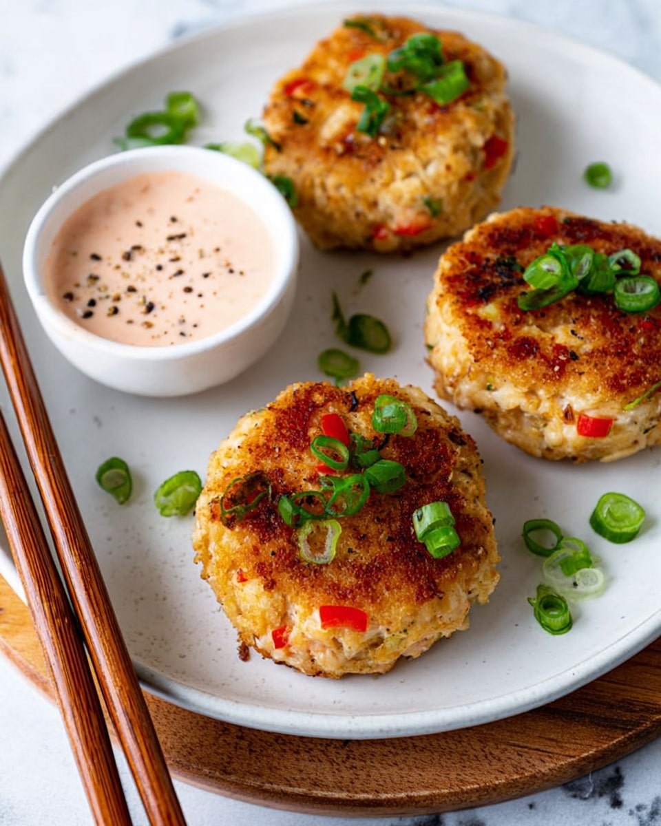 A stack of three golden-brown patties with a soft, slightly rough texture and visible small pieces of red bell pepper and green herbs inside. The top patty is garnished with chopped green onions. The patties sit on a white marbled surface with scattered green onion pieces nearby. In the foreground, the edge of brown wooden chopsticks and a light gray cloth are visible. The background is softly blurred with a hint of a lime wedge and a small bowl. Photo taken with an iphone --ar 4:5 --v 7
